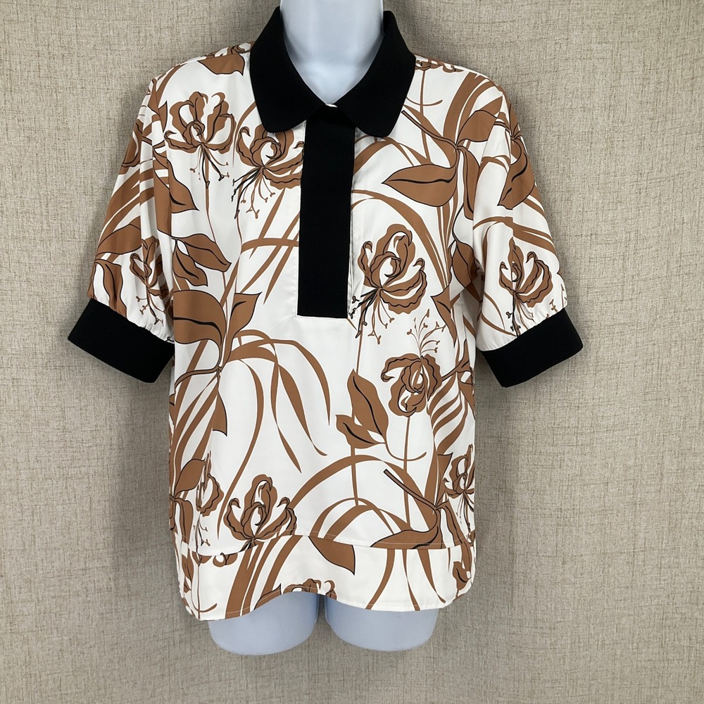 A. Putnam Polo Top Womens Size M White Tan Floral Short Sleeve Golf Athletic